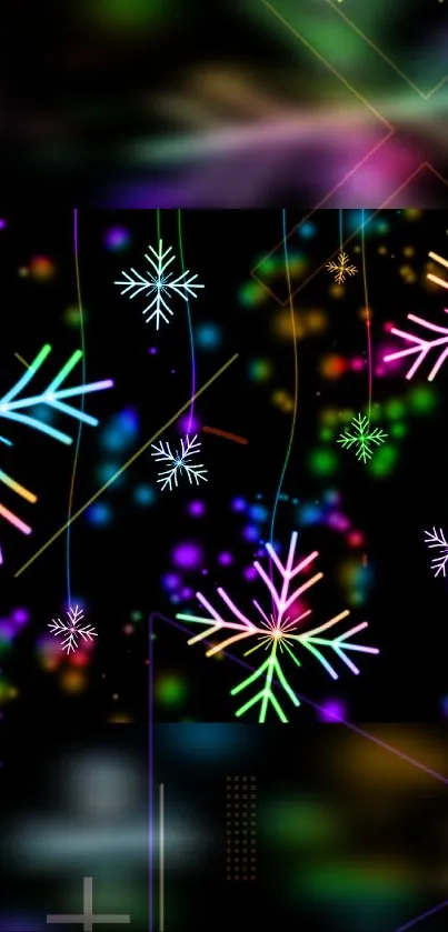 Vibrant neon snowflakes on a black mobile wallpaper.