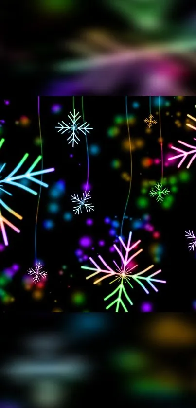 Vibrant neon snowflakes on a black background for mobile wallpaper.