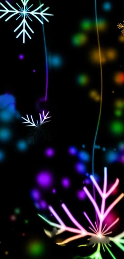 Vibrant neon snowflakes on a dark background mobile wallpaper.