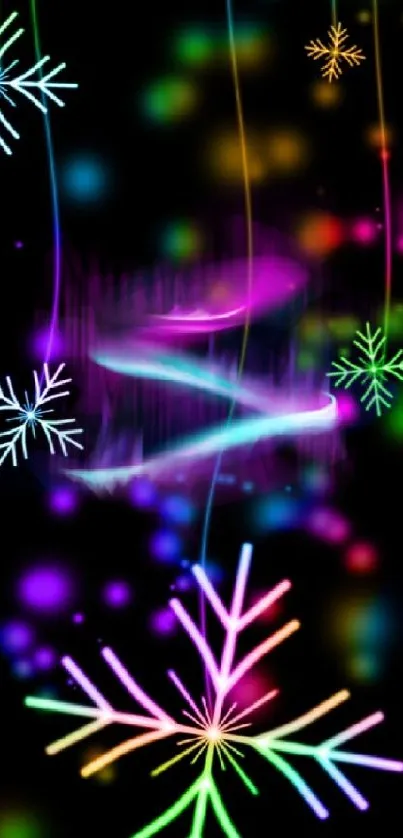 Vibrant neon snowflakes on black wallpaper.