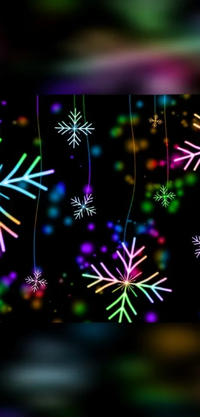 Vibrant neon snowflakes on a dark black background wallpaper.