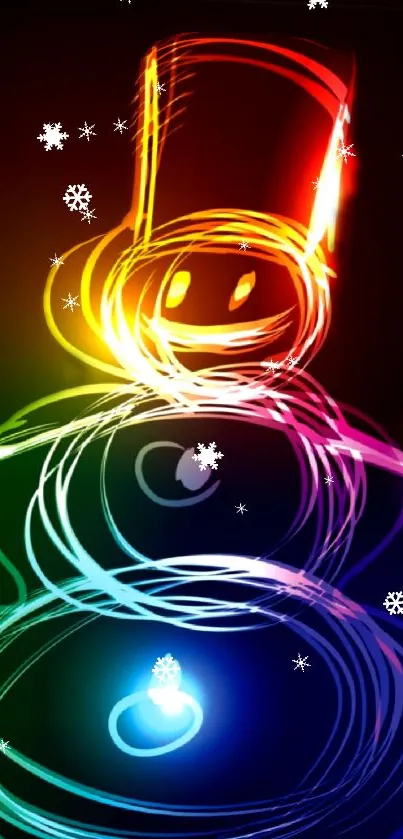 Rainbow neon snowman wallpaper with glowing effects.