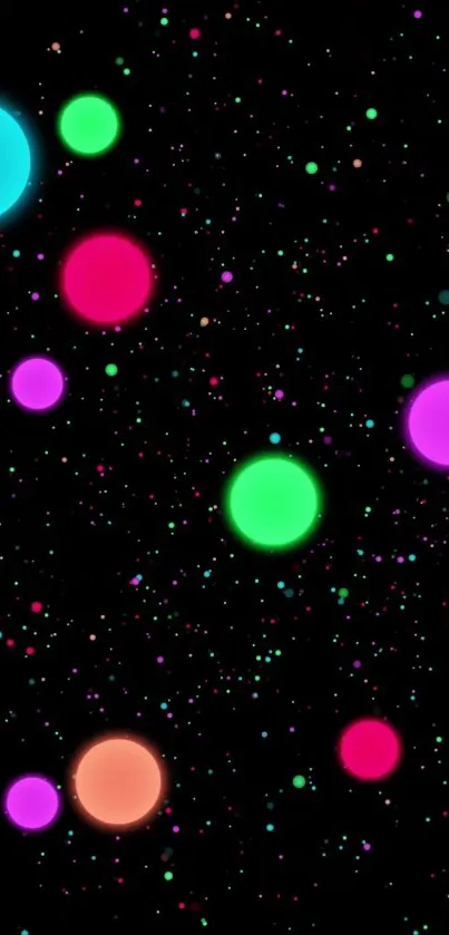 Vibrant neon dots on a black space background.