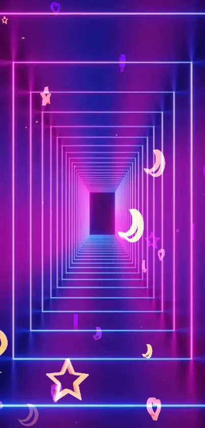 Vibrant neon wallpaper with stars and crescents surrounded by geometric shapes.