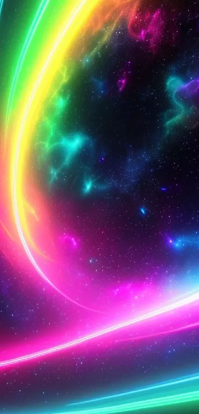 Vibrant neon space wallpaper with colorful streaks and galaxy elements.