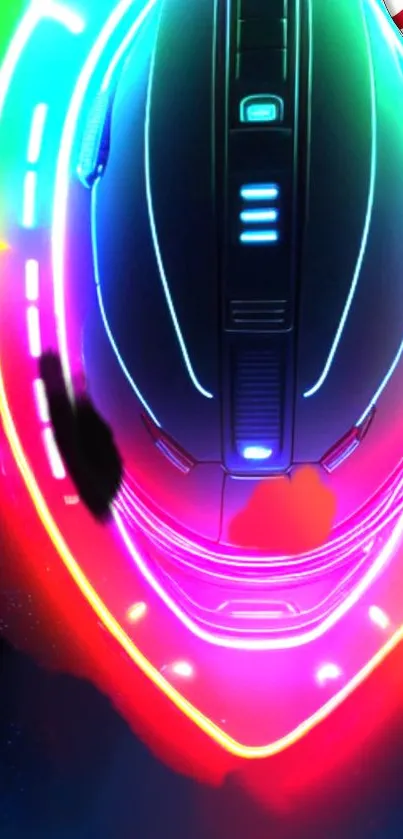 Futuristic neon spaceship art with bright colors.