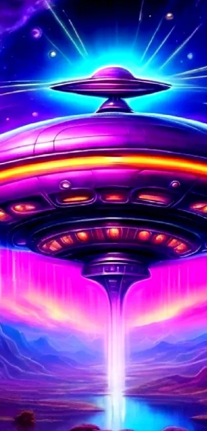 Neon spaceship in vibrant alien landscape with glowing planets and radiant colors.