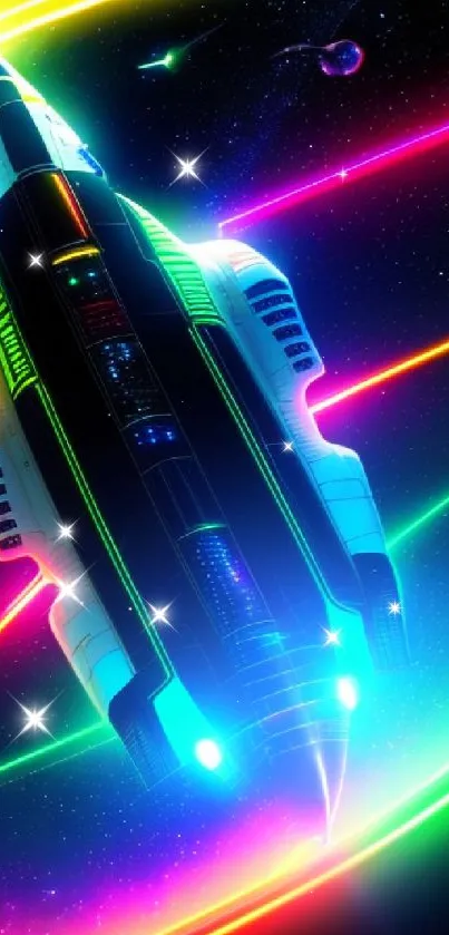 Spaceship in vibrant neon rings with cosmic backdrop.