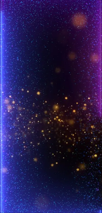 Vibrant neon wallpaper with purple, blue, and golden sparkles.