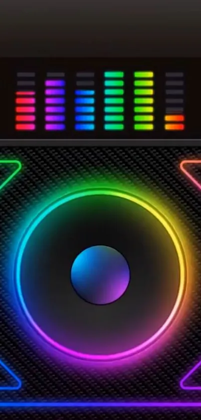 Neon speaker wallpaper with rainbow equalizer.