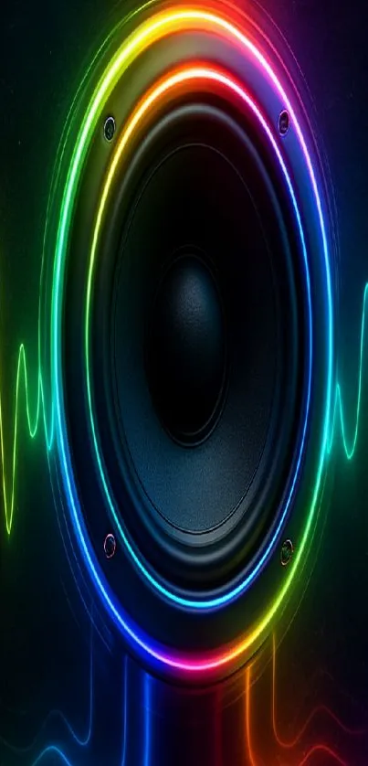 Vibrant neon speaker with sound waves in colorful display.
