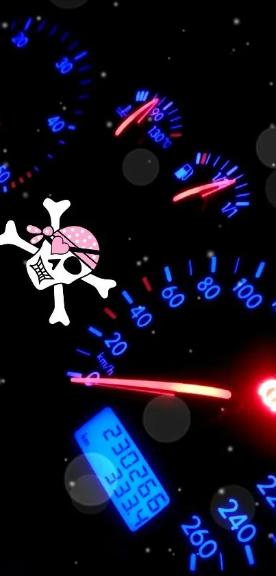 Vibrant neon speedometer with pink skull design on black background.