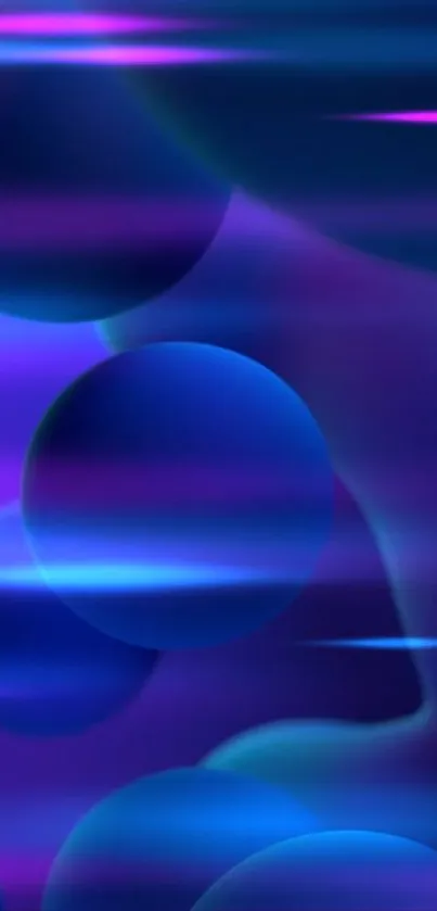 Vibrant neon spheres in blue and purple hues create a dynamic wallpaper.