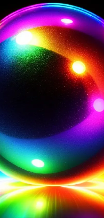 A glowing neon sphere with vibrant rainbow colors on dark background.