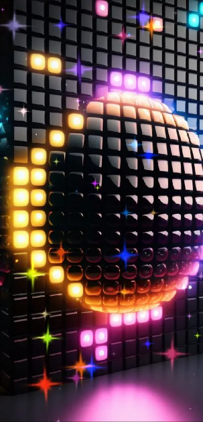 Futuristic neon sphere with vibrant lights and geometric patterns.