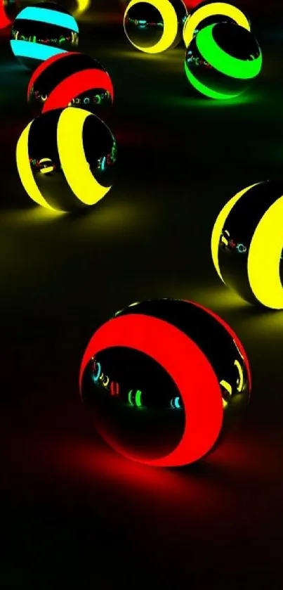 Vibrant neon spheres with a glowing effect on a dark background.