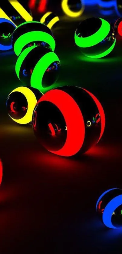 Vibrant neon spheres glowing on black background.