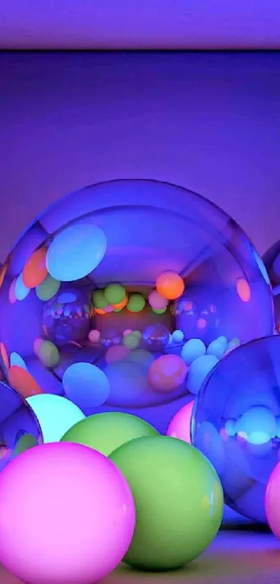 Colorful neon spheres glowing in dark room, abstract wallpaper.