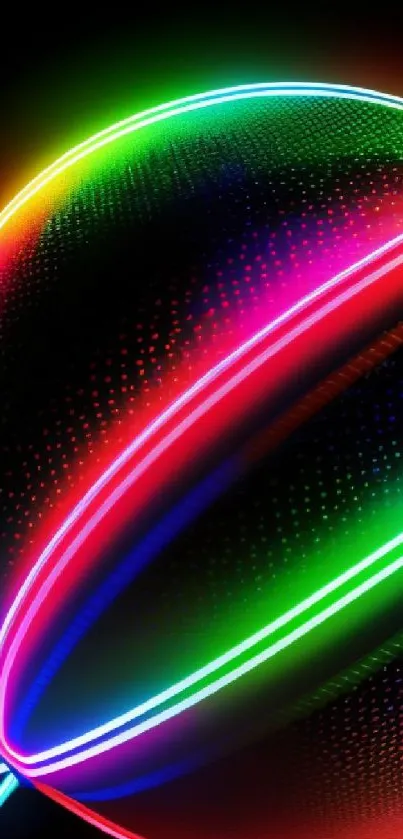 Vibrant neon sphere with colorful light trails on a black background.