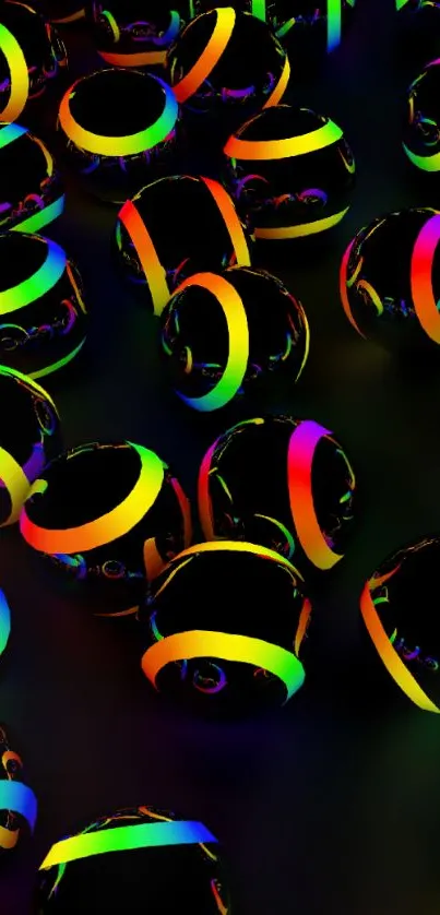 Vibrant neon spheres on black background mobile wallpaper.