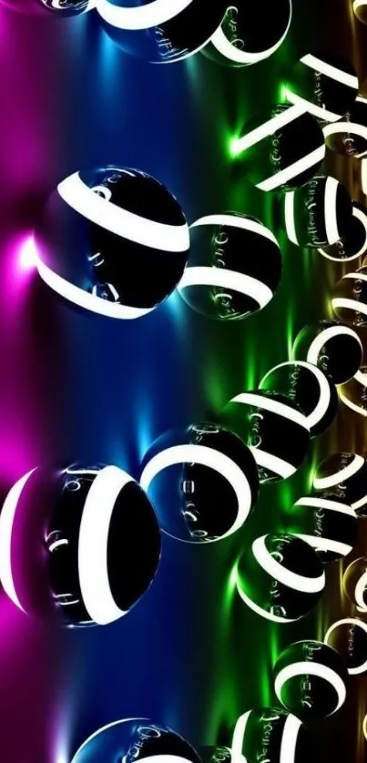 Vibrant neon spheres on a dark mobile wallpaper.