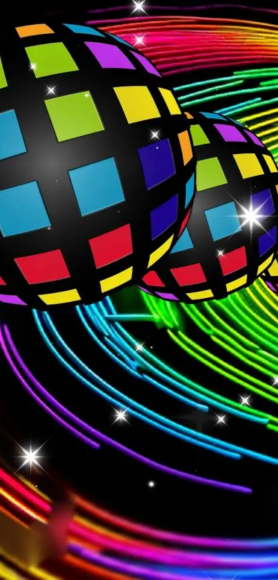Vibrant wallpaper featuring neon spheres and colorful light trails.