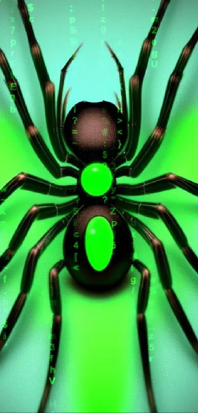 Neon green artistic spider on abstract background.