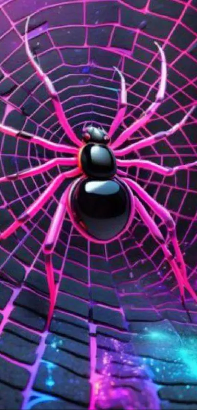 Vibrant neon spider on a colorful glowing web, perfect for phone wallpaper.