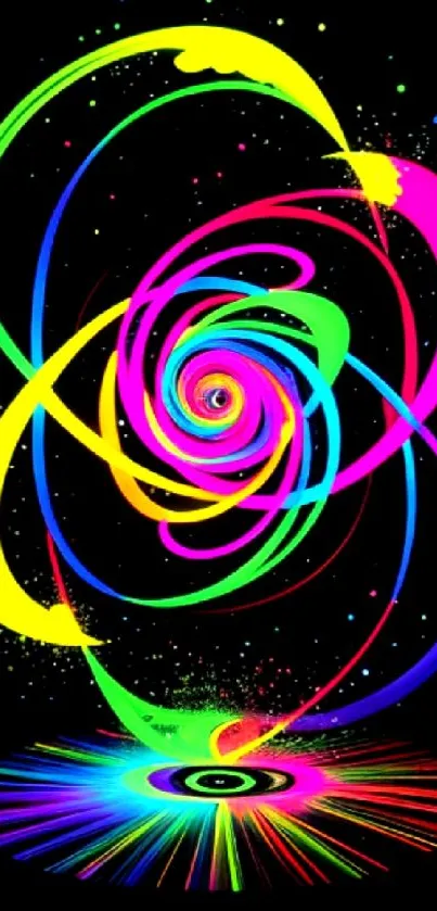 Vibrant neon spiral abstract wallpaper with dynamic colorful design.