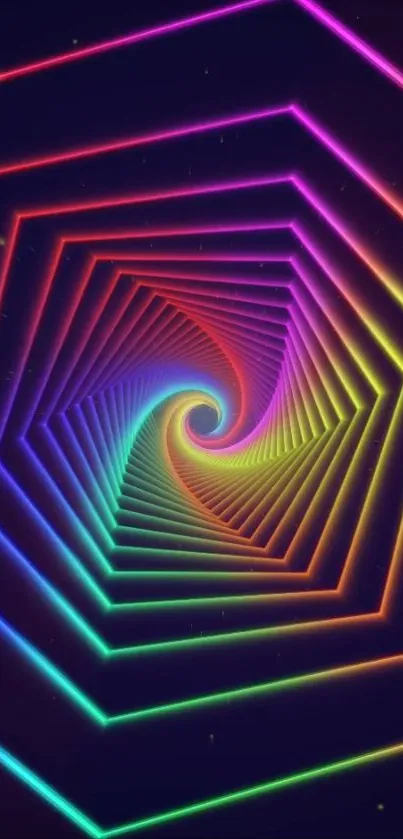 Vibrant neon spiral with colorful geometric patterns.