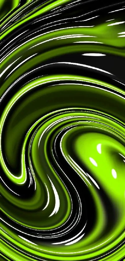 Vibrant neon green and black spiral abstract wallpaper.