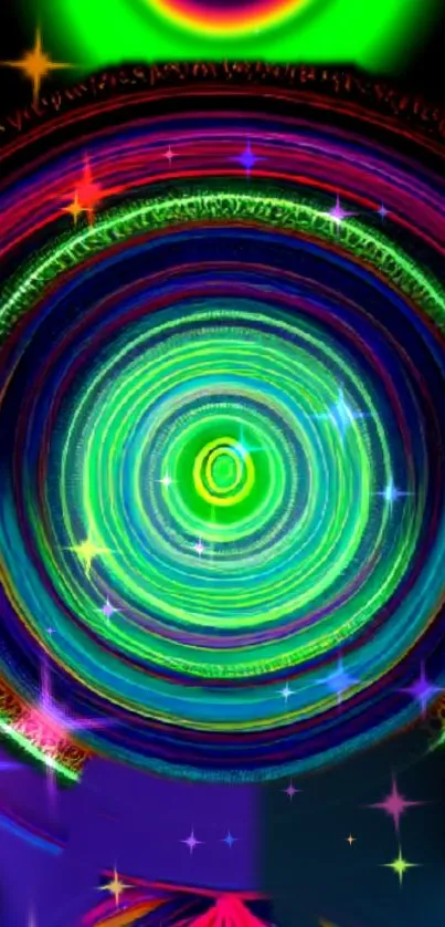 Vibrant neon spiral pattern with glowing concentric circles and stars.