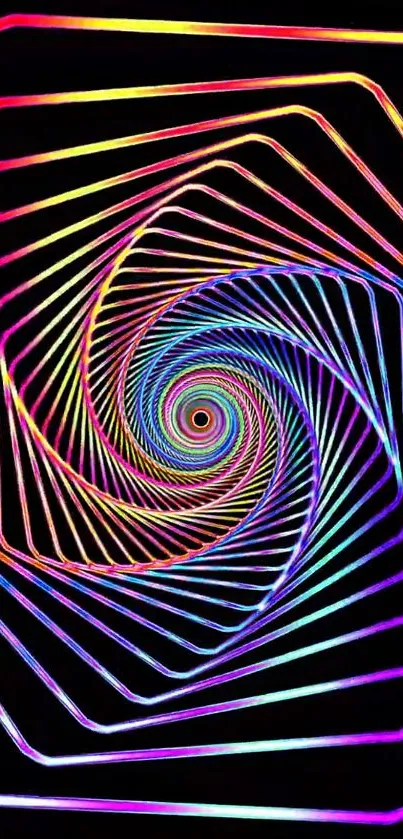 Colorful neon spiral wallpaper with geometric patterns on a black background.