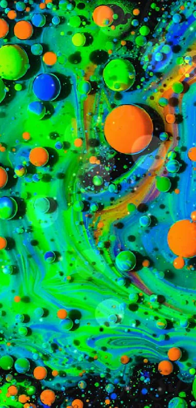 Vibrant neon art with green, orange, and blue fluid patterns on a phone wallpaper.