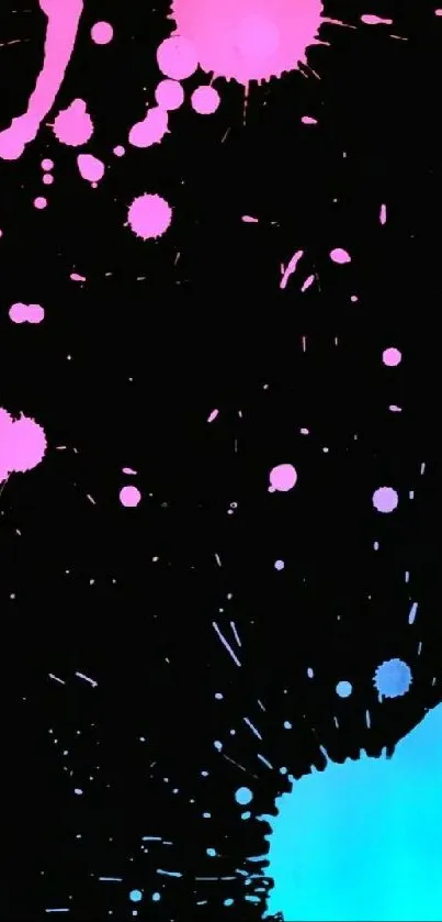 Neon splatter art wallpaper with pink and blue on black background.