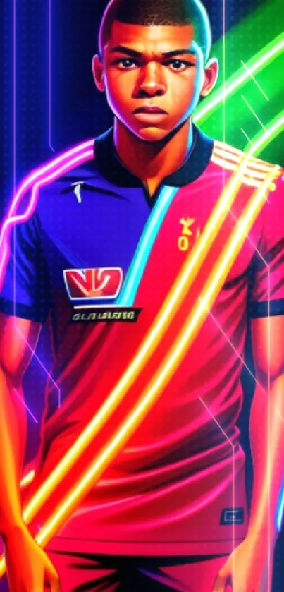 Vibrant neon sports artwork featuring a player and light sticks on mobile wallpaper.