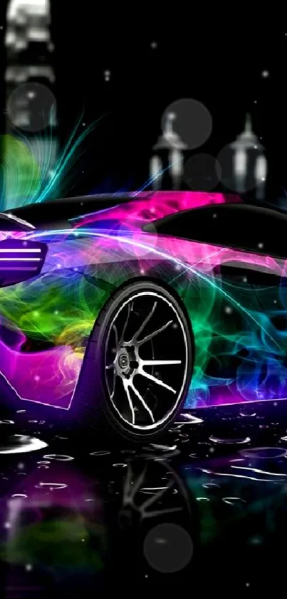 Vibrant neon sports car with a colorful design and glowing lights on a black background.