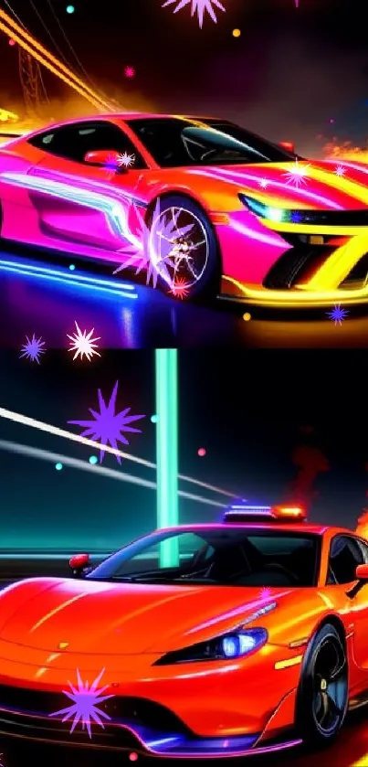 Futuristic neon sports car depicted in vibrant colors.