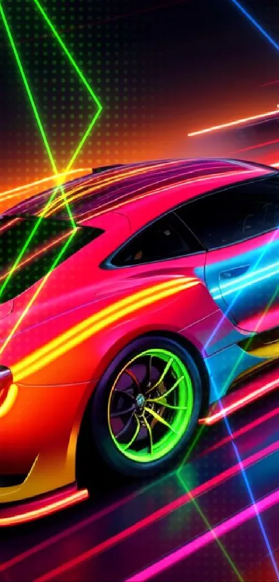 Vibrant neon sports car speeding through digital artwork.