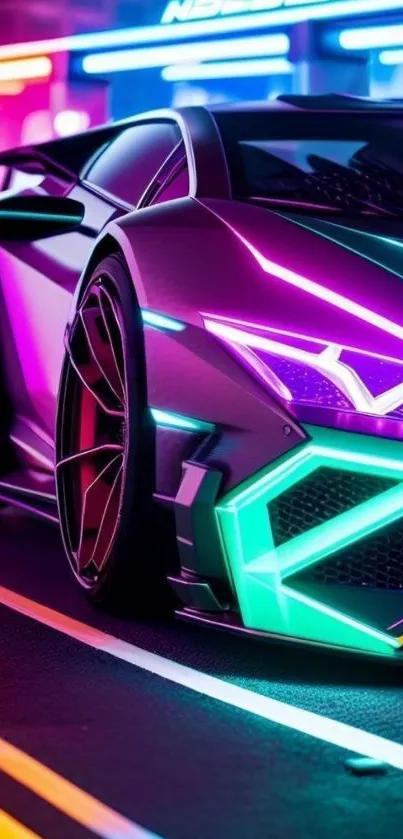 Vibrant neon sports car with glowing colors and sleek design on a city street.