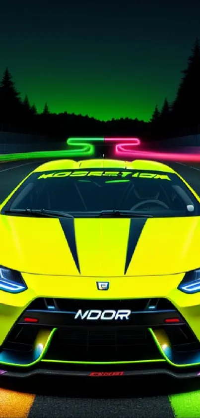 Neon green and yellow sports car on a racetrack with glowing accents.