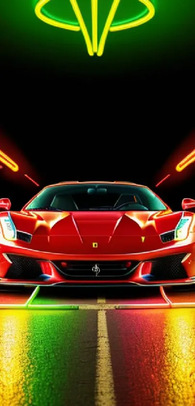 Vibrant red sports car with neon lights on a dark background.