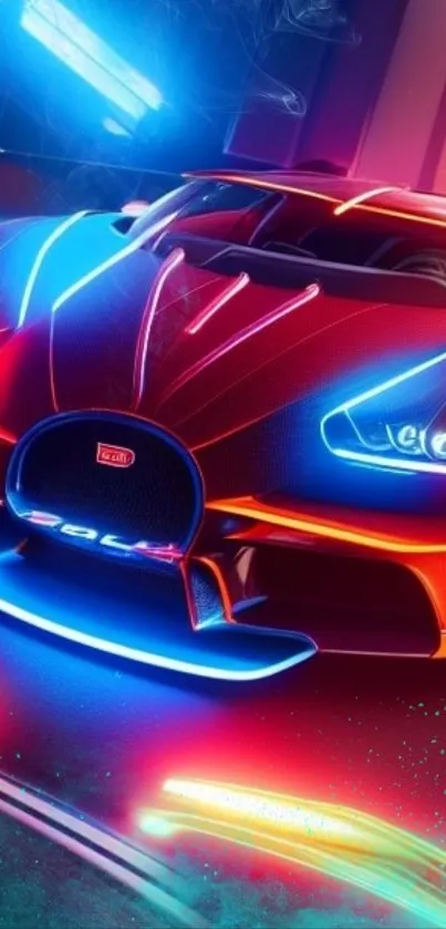 Vibrant sports car with neon lighting in a futuristic setting.