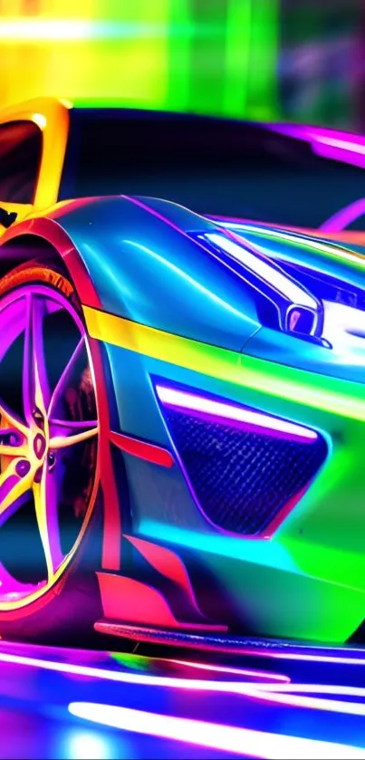 Vibrant neon sports car with futuristic design in vivid colors.
