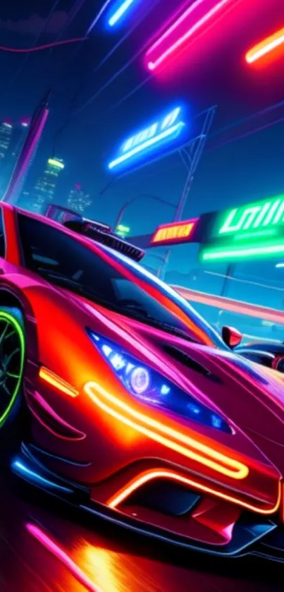 Neon-lit sports car in futuristic cityscape.