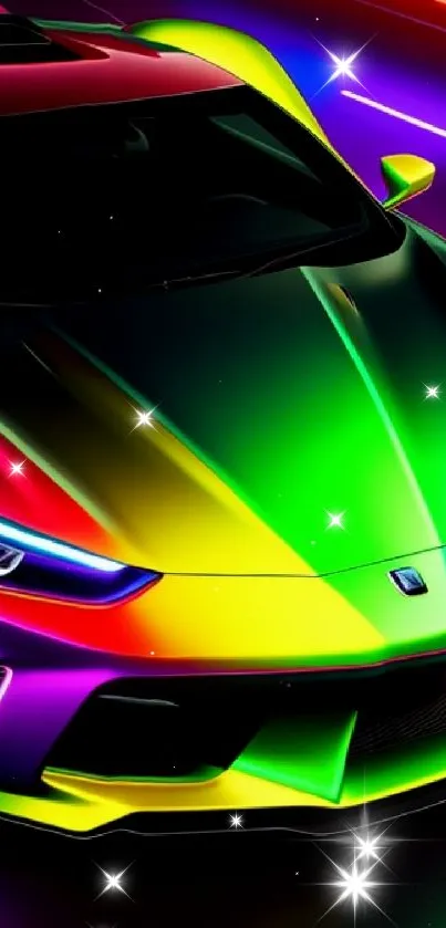 Vibrant neon sports car with rainbow colors and sleek design on the road.