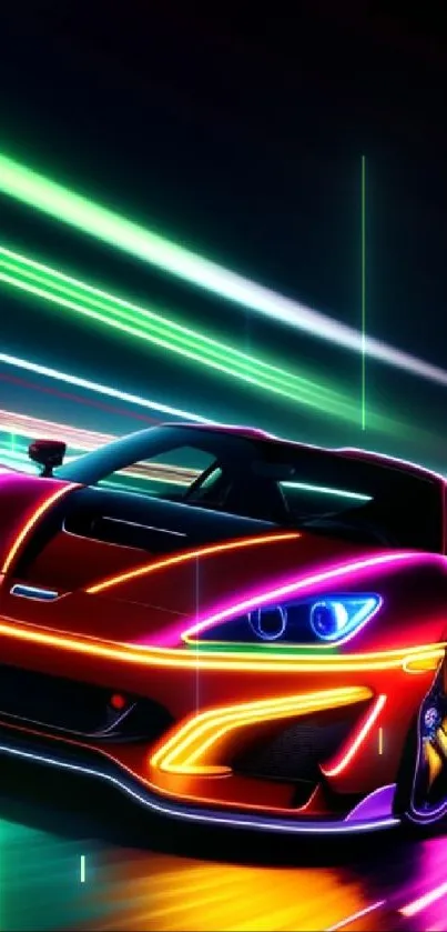 Neon sports car with vibrant colors and dynamic lighting on a digital wallpaper.