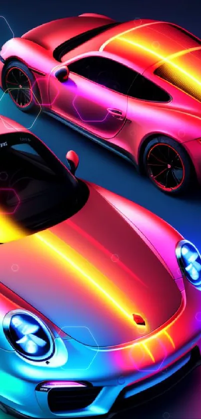 Two vibrant neon sports cars with sleek futuristic design.