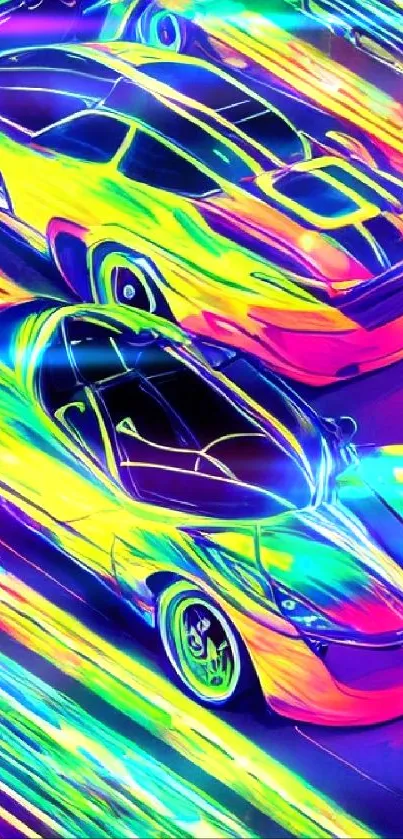 Bright neon sports cars racing in vibrant colors.
