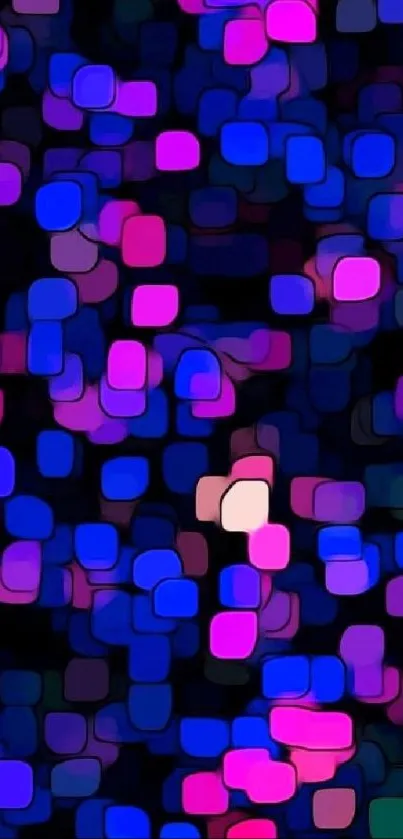 Neon pink, blue, and purple square abstract pattern wallpaper.